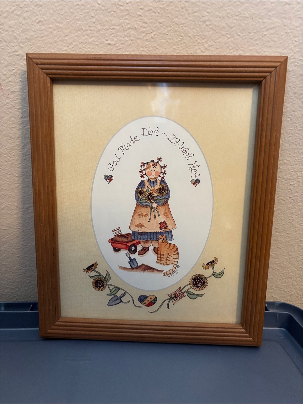 Folk Art Girl & Cat Framed Print in Wood Frame - Cream Background